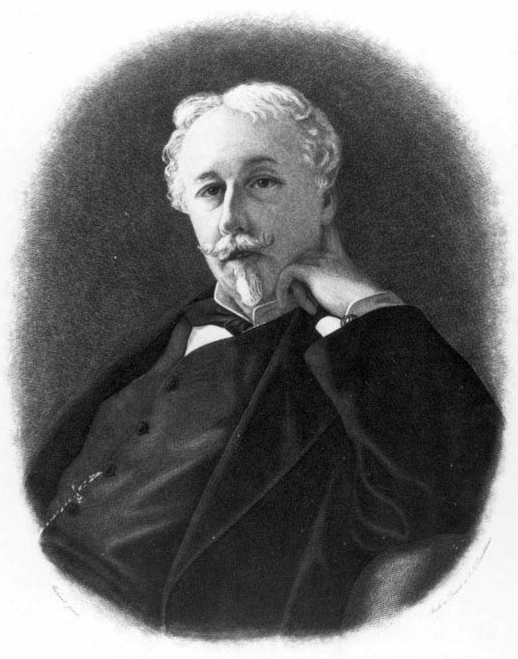 Es ist eine schwarz-weiße Portraitzeichnung von Joseph Arthur de Gobineau. In entspannter Pose hält er eine Hand an seinem Hals und blickt zum Betrachtenden. Erträgt die gelockten Haare kurz geschnitten sowie einen akkurat gestutzten Bart. Er trägt ein dunkles Jackett mit Weste, hellem Hemd und gebundener Fliege. Das Band einer Taschenuhr ist erkennbar.