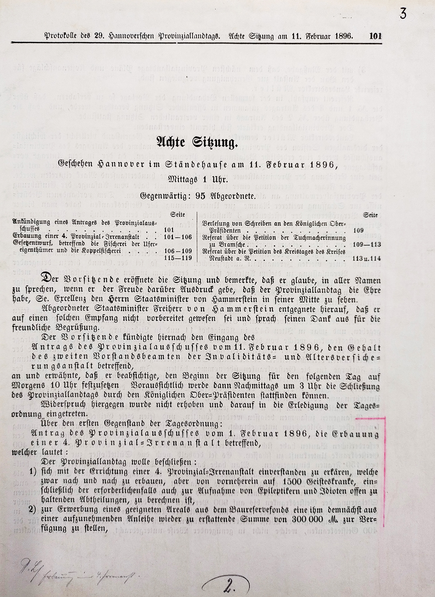 Es ist das gedruckte Sitzungsprotokoll zur achten Sitzung des Provinziallandtages vom 11. Februar 1896 auf sechs DIN A4- Seiten. Es ist in Frakturschrift geschrieben, schwarze Schrift auf hellem Papier.