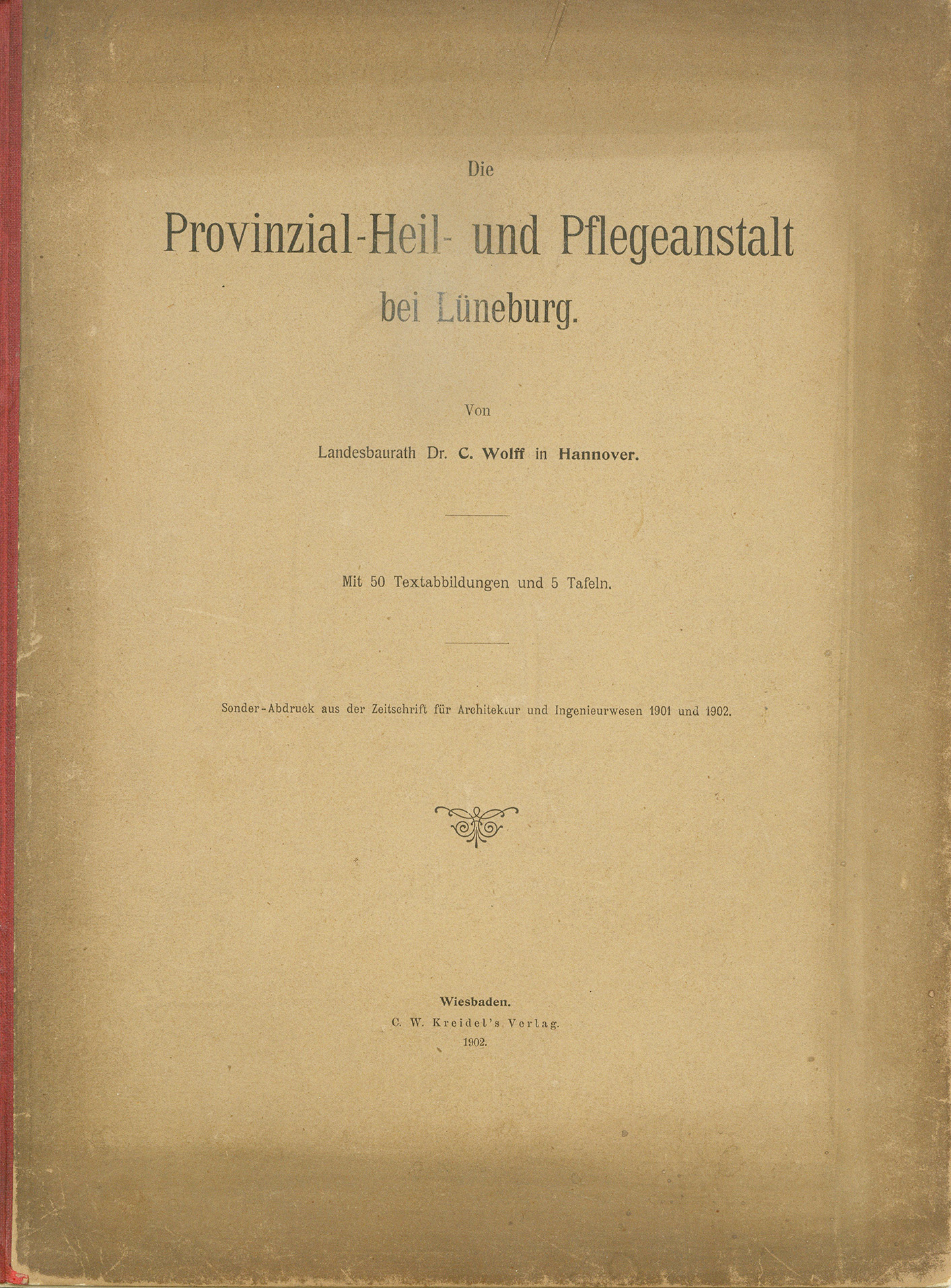 Der Sonder-Abdruck der Zeitschrift für Architektur und Ingenieurswesen von 1901 und 1902 ist ein fester, mit dem Titel bedruckter Einband mit einem Sondermaß größer als DIN A4. Die Zeitschrift umfasst 51 Seiten. Jede Seite enthält zwei Spalten, Grundrisse, Planzeichnungen und fotografische Abbildungen von Krankenpavillons und Funktionsgebäuden der Heil- und Pflegeanstalt Lüneburg. Auch Detailzeichnungen zu Mustern, Formen und einzelnen Ausstattungen, z.B. Fenster, Türen, Treppengeländer sind enthalten. Alle Gebäude und Ausstattungen werden präzise beschrieben.