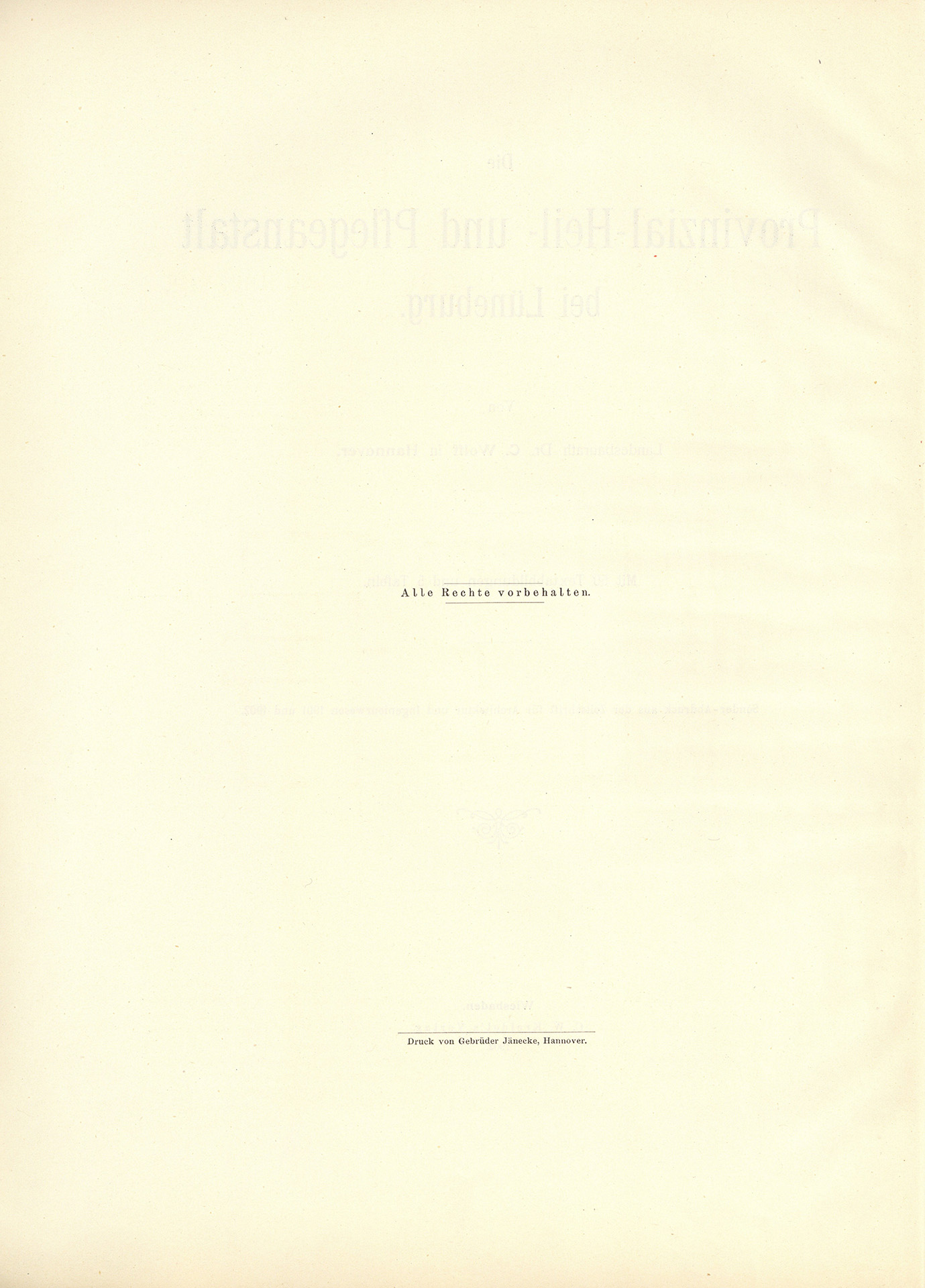 Der Sonder-Abdruck der Zeitschrift für Architektur und Ingenieurswesen von 1901 und 1902 ist ein fester, mit dem Titel bedruckter Einband mit einem Sondermaß größer als DIN A4. Die Zeitschrift umfasst 51 Seiten. Jede Seite enthält zwei Spalten, Grundrisse, Planzeichnungen und fotografische Abbildungen von Krankenpavillons und Funktionsgebäuden der Heil- und Pflegeanstalt Lüneburg. Auch Detailzeichnungen zu Mustern, Formen und einzelnen Ausstattungen, z.B. Fenster, Türen, Treppengeländer sind enthalten. Alle Gebäude und Ausstattungen werden präzise beschrieben.