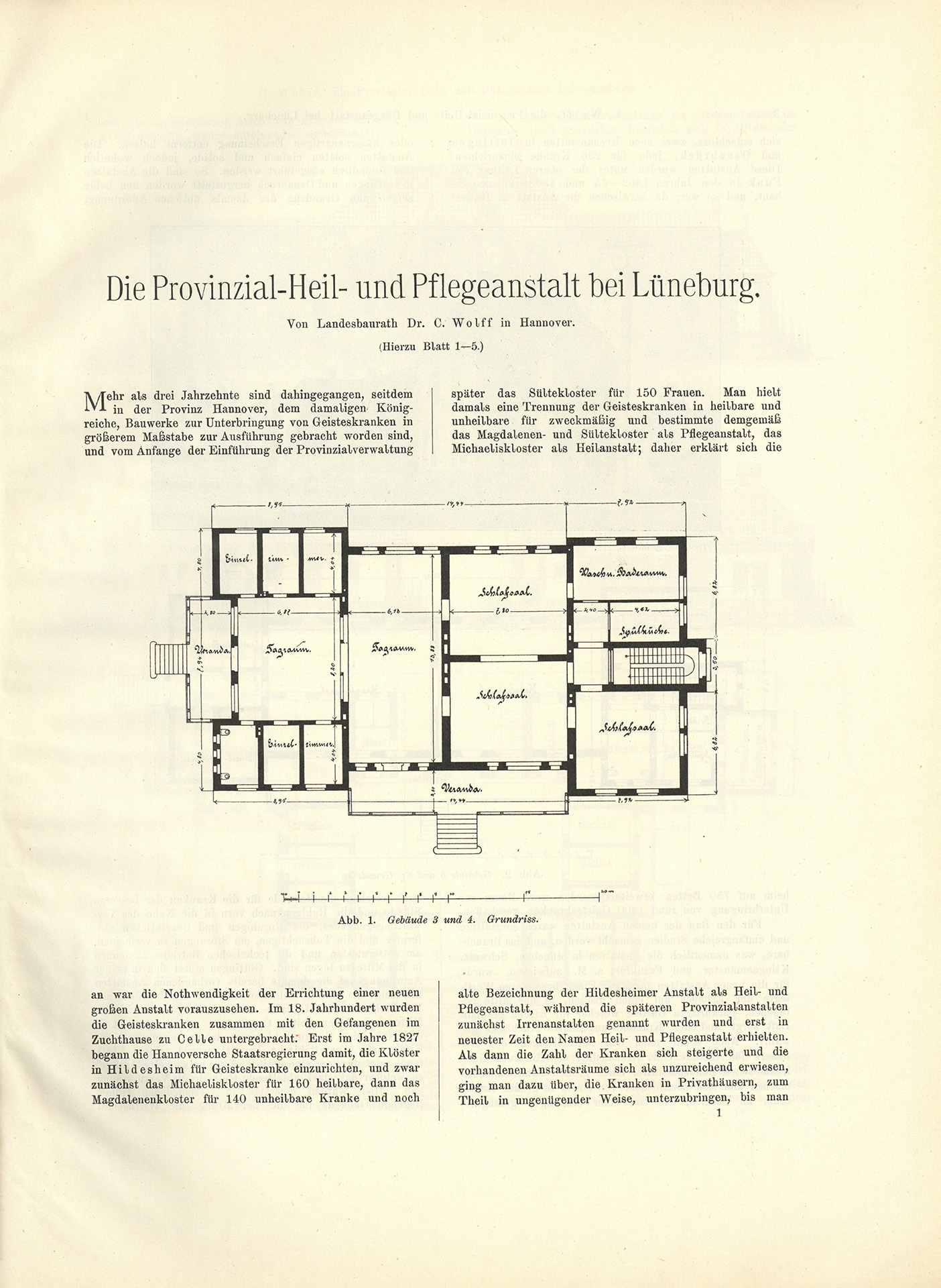 Der Sonder-Abdruck der Zeitschrift für Architektur und Ingenieurswesen von 1901 und 1902 ist ein fester, mit dem Titel bedruckter Einband mit einem Sondermaß größer als DIN A4. Die Zeitschrift umfasst 51 Seiten. Jede Seite enthält zwei Spalten, Grundrisse, Planzeichnungen und fotografische Abbildungen von Krankenpavillons und Funktionsgebäuden der Heil- und Pflegeanstalt Lüneburg. Auch Detailzeichnungen zu Mustern, Formen und einzelnen Ausstattungen, z.B. Fenster, Türen, Treppengeländer sind enthalten. Alle Gebäude und Ausstattungen werden präzise beschrieben.