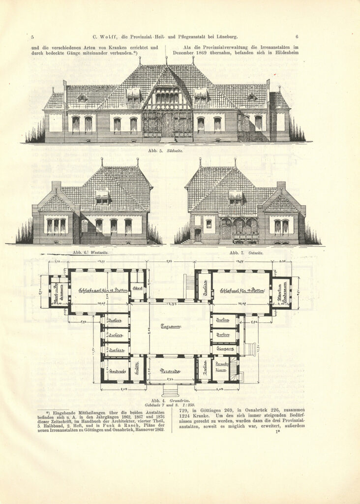 Der Sonder-Abdruck der Zeitschrift für Architektur und Ingenieurswesen von 1901 und 1902 ist ein fester, mit dem Titel bedruckter Einband mit einem Sondermaß größer als DIN A4. Die Zeitschrift umfasst 51 Seiten. Jede Seite enthält zwei Spalten, Grundrisse, Planzeichnungen und fotografische Abbildungen von Krankenpavillons und Funktionsgebäuden der Heil- und Pflegeanstalt Lüneburg. Auch Detailzeichnungen zu Mustern, Formen und einzelnen Ausstattungen, z.B. Fenster, Türen, Treppengeländer sind enthalten. Alle Gebäude und Ausstattungen werden präzise beschrieben.