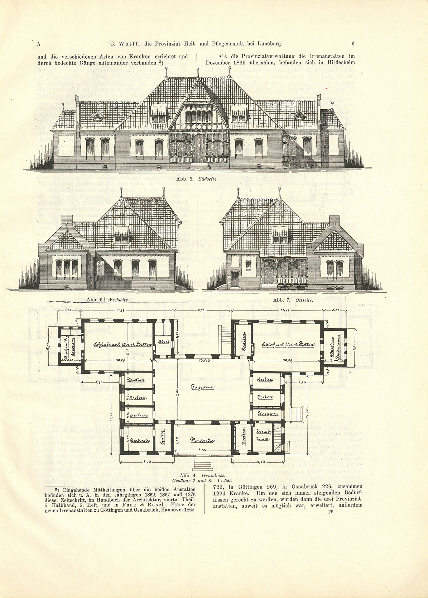 Es ist eine Seite aus der Zeitschrift für Architektur und Ingenieurswesen von 1901 und 1902. Die Seiten enthalten Grundrisse und Zeichnungen von Krankenpavillons. Sie werden in einem zweispaltigem Text beschrieben. Auf der ersten Seite ist eine schwarzweiß Fotoaufnahme des errichteten Pavillons abgedruckt.