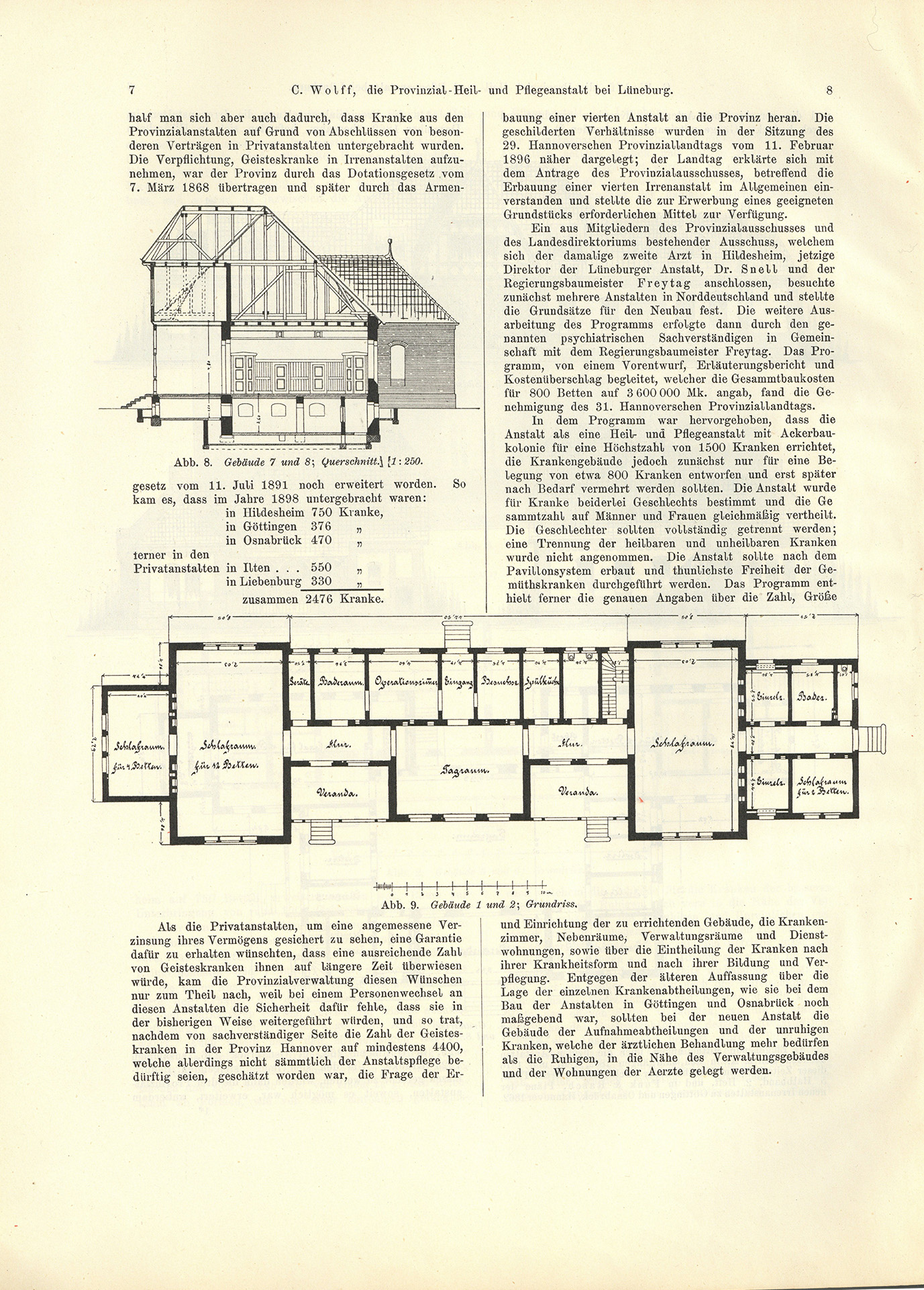 Der Sonder-Abdruck der Zeitschrift für Architektur und Ingenieurswesen von 1901 und 1902 ist ein fester, mit dem Titel bedruckter Einband mit einem Sondermaß größer als DIN A4. Die Zeitschrift umfasst 51 Seiten. Jede Seite enthält zwei Spalten, Grundrisse, Planzeichnungen und fotografische Abbildungen von Krankenpavillons und Funktionsgebäuden der Heil- und Pflegeanstalt Lüneburg. Auch Detailzeichnungen zu Mustern, Formen und einzelnen Ausstattungen, z.B. Fenster, Türen, Treppengeländer sind enthalten. Alle Gebäude und Ausstattungen werden präzise beschrieben.