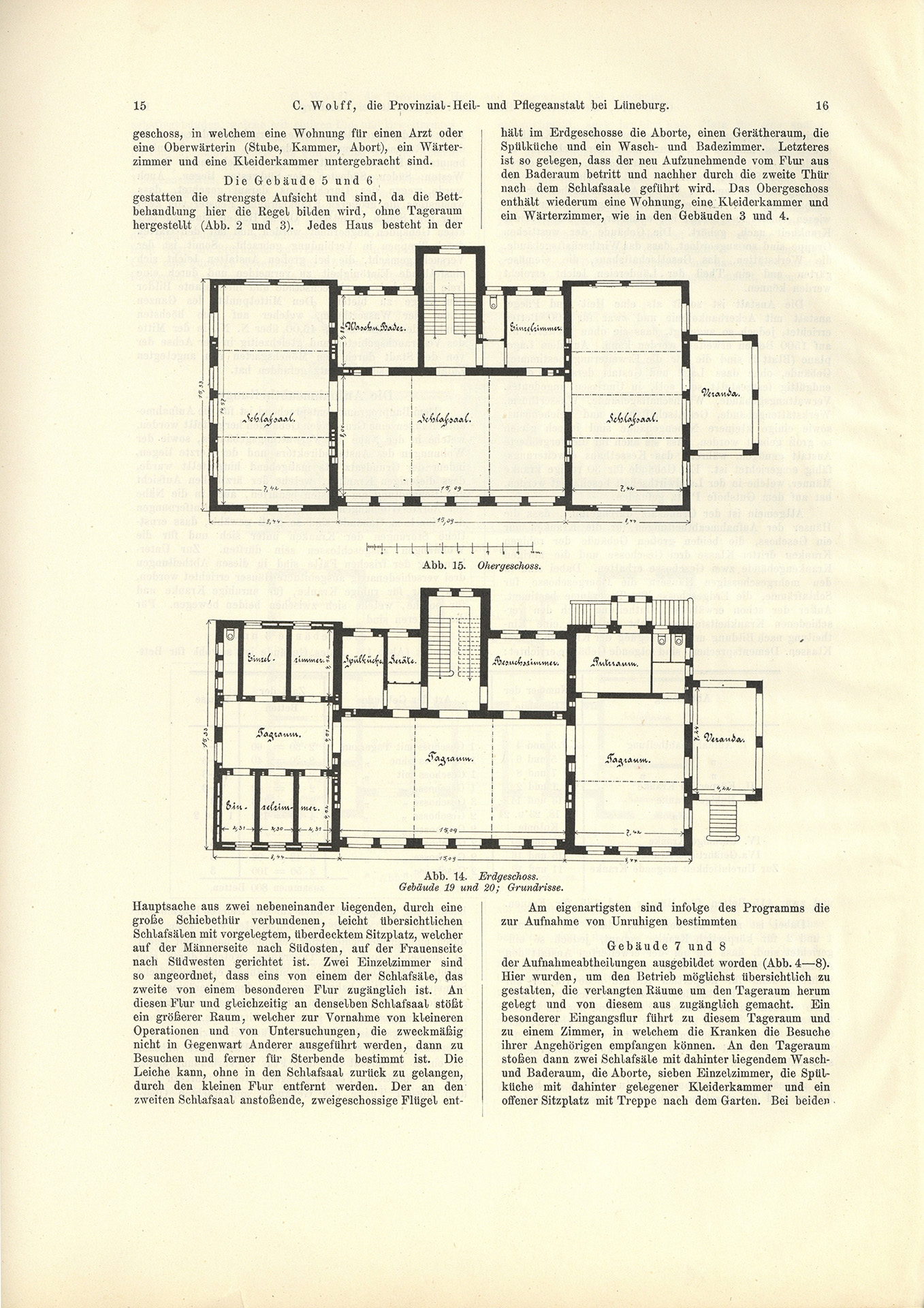 Der Sonder-Abdruck der Zeitschrift für Architektur und Ingenieurswesen von 1901 und 1902 ist ein fester, mit dem Titel bedruckter Einband mit einem Sondermaß größer als DIN A4. Die Zeitschrift umfasst 51 Seiten. Jede Seite enthält zwei Spalten, Grundrisse, Planzeichnungen und fotografische Abbildungen von Krankenpavillons und Funktionsgebäuden der Heil- und Pflegeanstalt Lüneburg. Auch Detailzeichnungen zu Mustern, Formen und einzelnen Ausstattungen, z.B. Fenster, Türen, Treppengeländer sind enthalten. Alle Gebäude und Ausstattungen werden präzise beschrieben.