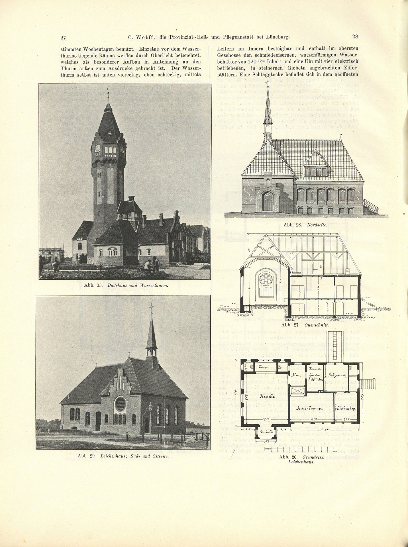 Der Sonder-Abdruck der Zeitschrift für Architektur und Ingenieurswesen von 1901 und 1902 ist ein fester, mit dem Titel bedruckter Einband mit einem Sondermaß größer als DIN A4. Die Zeitschrift umfasst 51 Seiten. Jede Seite enthält zwei Spalten, Grundrisse, Planzeichnungen und fotografische Abbildungen von Krankenpavillons und Funktionsgebäuden der Heil- und Pflegeanstalt Lüneburg. Auch Detailzeichnungen zu Mustern, Formen und einzelnen Ausstattungen, z.B. Fenster, Türen, Treppengeländer sind enthalten. Alle Gebäude und Ausstattungen werden präzise beschrieben.