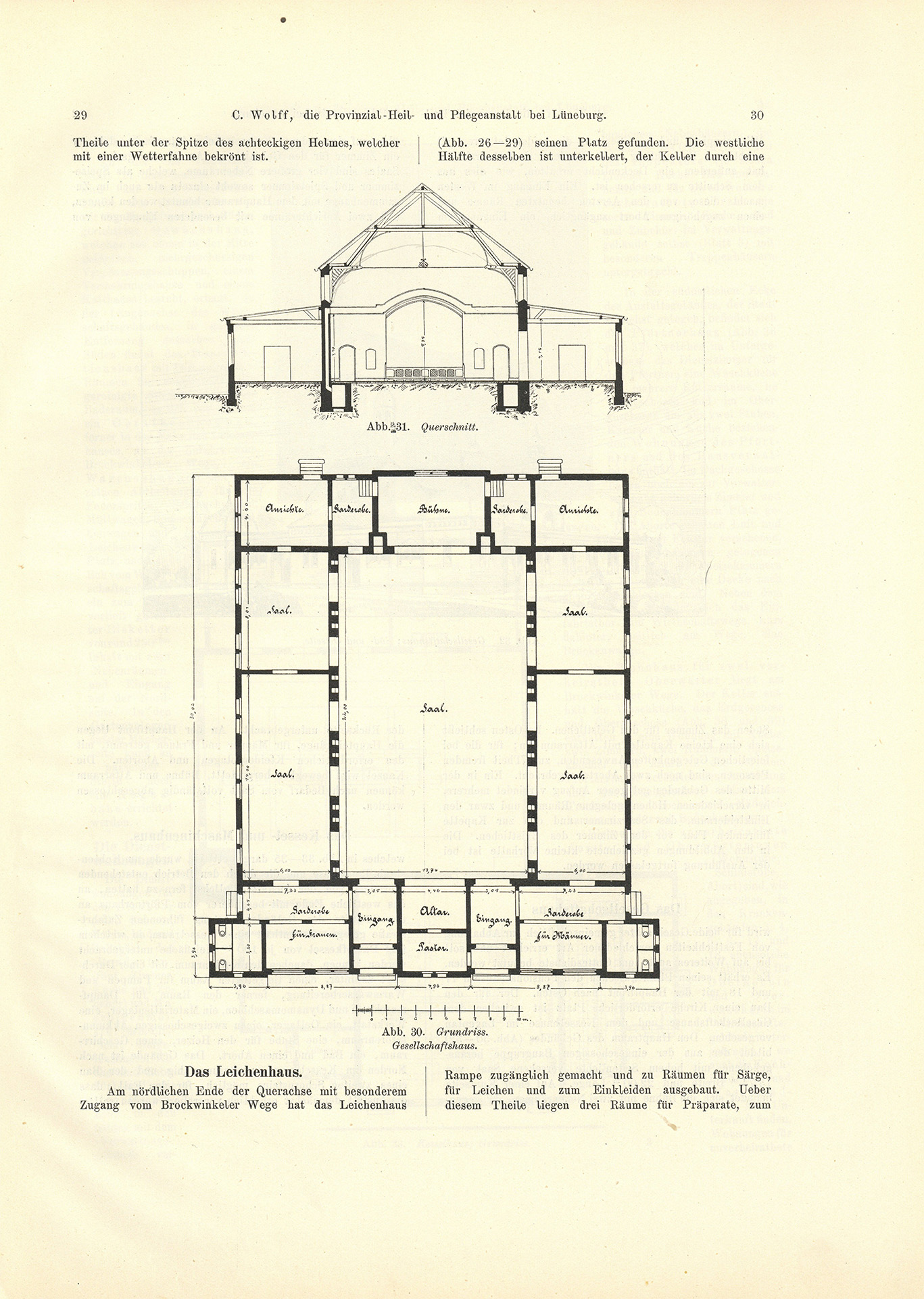 Der Sonder-Abdruck der Zeitschrift für Architektur und Ingenieurswesen von 1901 und 1902 ist ein fester, mit dem Titel bedruckter Einband mit einem Sondermaß größer als DIN A4. Die Zeitschrift umfasst 51 Seiten. Jede Seite enthält zwei Spalten, Grundrisse, Planzeichnungen und fotografische Abbildungen von Krankenpavillons und Funktionsgebäuden der Heil- und Pflegeanstalt Lüneburg. Auch Detailzeichnungen zu Mustern, Formen und einzelnen Ausstattungen, z.B. Fenster, Türen, Treppengeländer sind enthalten. Alle Gebäude und Ausstattungen werden präzise beschrieben.