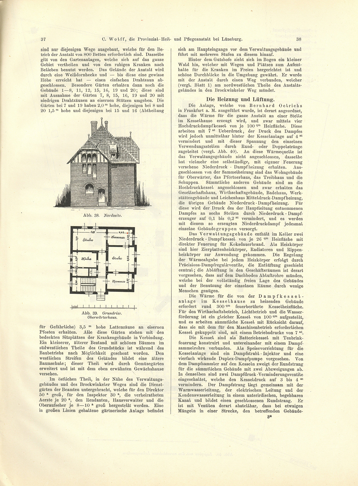 Der Sonder-Abdruck der Zeitschrift für Architektur und Ingenieurswesen von 1901 und 1902 ist ein fester, mit dem Titel bedruckter Einband mit einem Sondermaß größer als DIN A4. Die Zeitschrift umfasst 51 Seiten. Jede Seite enthält zwei Spalten, Grundrisse, Planzeichnungen und fotografische Abbildungen von Krankenpavillons und Funktionsgebäuden der Heil- und Pflegeanstalt Lüneburg. Auch Detailzeichnungen zu Mustern, Formen und einzelnen Ausstattungen, z.B. Fenster, Türen, Treppengeländer sind enthalten. Alle Gebäude und Ausstattungen werden präzise beschrieben.