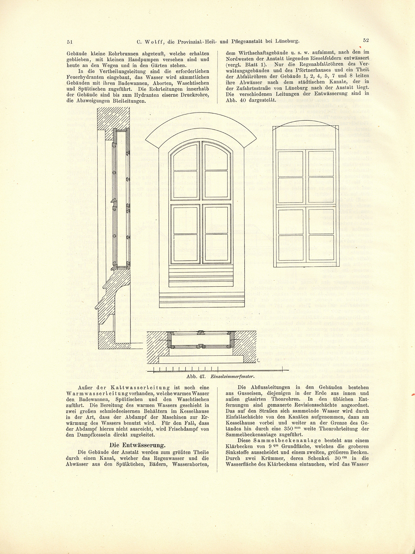 Der Sonder-Abdruck der Zeitschrift für Architektur und Ingenieurswesen von 1901 und 1902 ist ein fester, mit dem Titel bedruckter Einband mit einem Sondermaß größer als DIN A4. Die Zeitschrift umfasst 51 Seiten. Jede Seite enthält zwei Spalten, Grundrisse, Planzeichnungen und fotografische Abbildungen von Krankenpavillons und Funktionsgebäuden der Heil- und Pflegeanstalt Lüneburg. Auch Detailzeichnungen zu Mustern, Formen und einzelnen Ausstattungen, z.B. Fenster, Türen, Treppengeländer sind enthalten. Alle Gebäude und Ausstattungen werden präzise beschrieben.