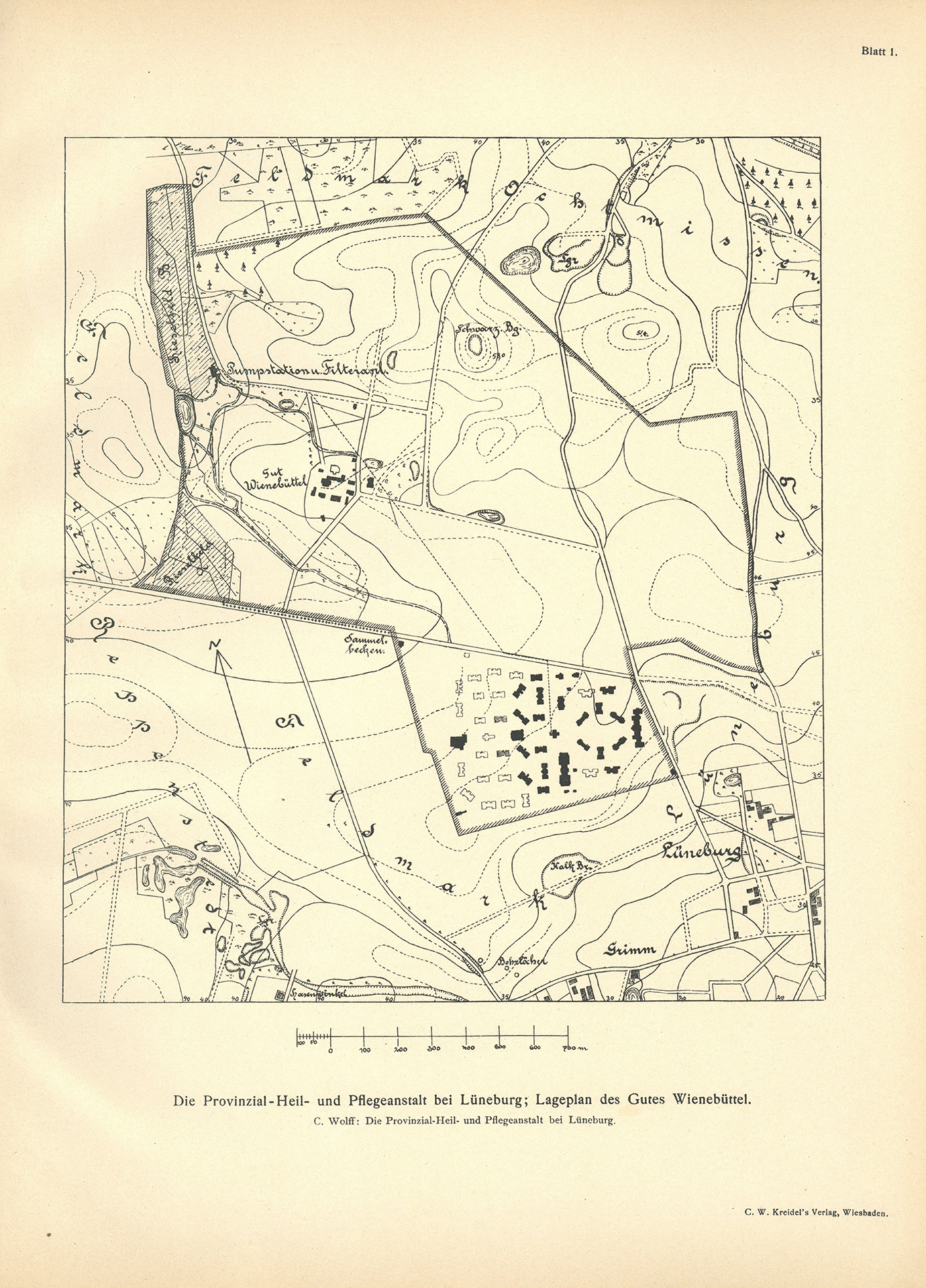 Der Sonder-Abdruck der Zeitschrift für Architektur und Ingenieurswesen von 1901 und 1902 ist ein fester, mit dem Titel bedruckter Einband mit einem Sondermaß größer als DIN A4. Die Zeitschrift umfasst 51 Seiten. Jede Seite enthält zwei Spalten, Grundrisse, Planzeichnungen und fotografische Abbildungen von Krankenpavillons und Funktionsgebäuden der Heil- und Pflegeanstalt Lüneburg. Auch Detailzeichnungen zu Mustern, Formen und einzelnen Ausstattungen, z.B. Fenster, Türen, Treppengeländer sind enthalten. Alle Gebäude und Ausstattungen werden präzise beschrieben.
