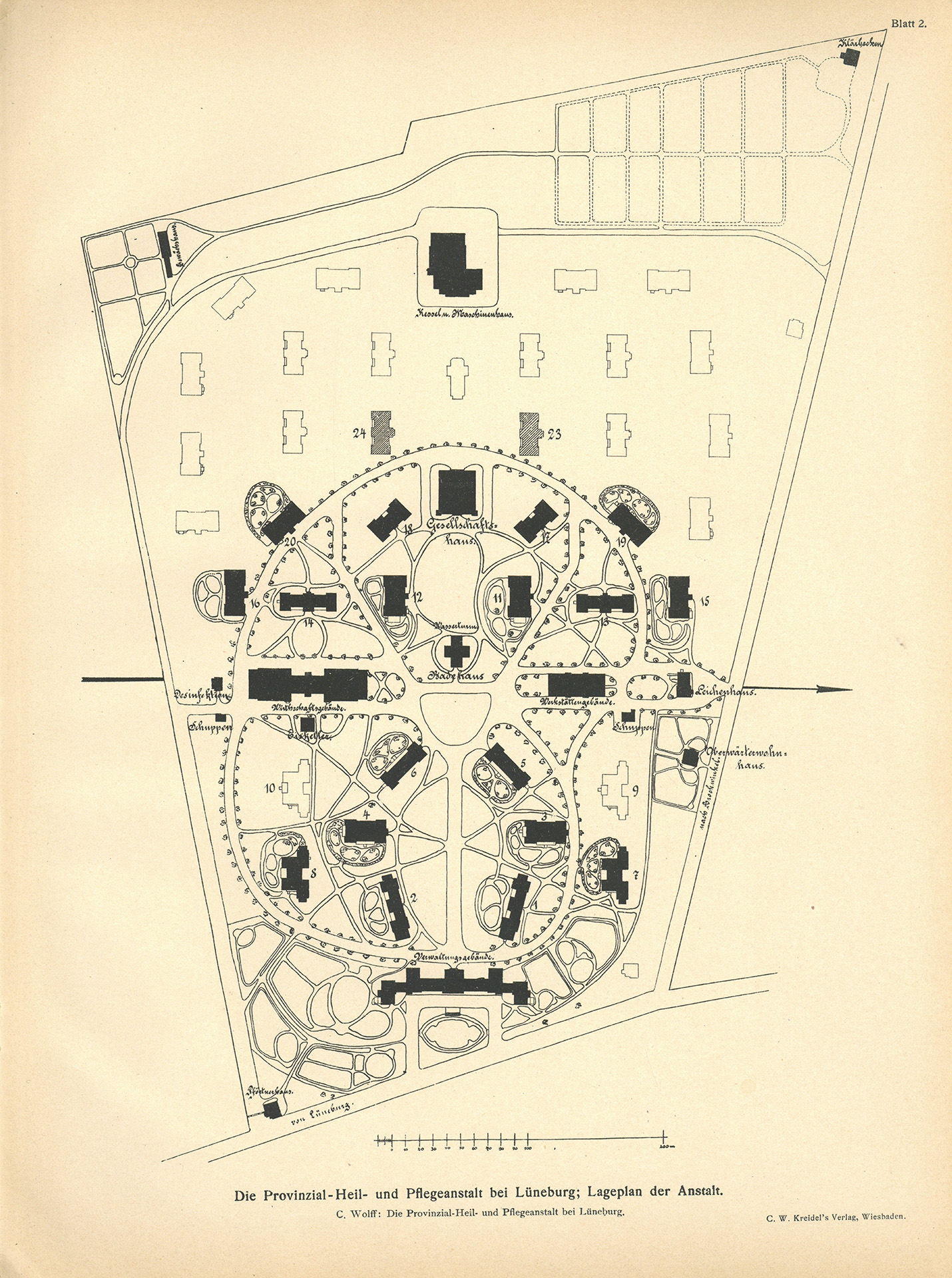 Der Sonder-Abdruck der Zeitschrift für Architektur und Ingenieurswesen von 1901 und 1902 ist ein fester, mit dem Titel bedruckter Einband mit einem Sondermaß größer als DIN A4. Die Zeitschrift umfasst 51 Seiten. Jede Seite enthält zwei Spalten, Grundrisse, Planzeichnungen und fotografische Abbildungen von Krankenpavillons und Funktionsgebäuden der Heil- und Pflegeanstalt Lüneburg. Auch Detailzeichnungen zu Mustern, Formen und einzelnen Ausstattungen, z.B. Fenster, Türen, Treppengeländer sind enthalten. Alle Gebäude und Ausstattungen werden präzise beschrieben.