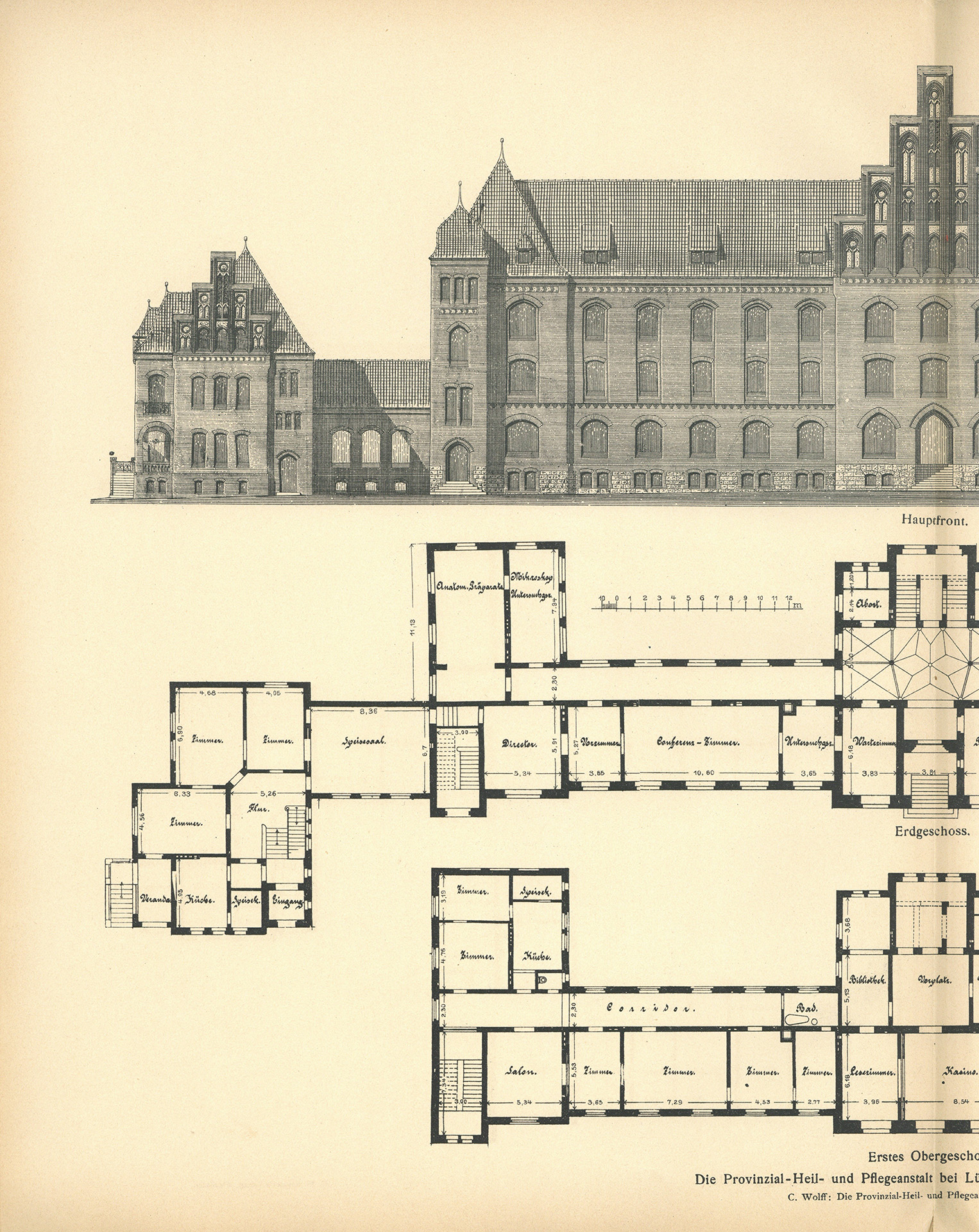 Der Sonder-Abdruck der Zeitschrift für Architektur und Ingenieurswesen von 1901 und 1902 ist ein fester, mit dem Titel bedruckter Einband mit einem Sondermaß größer als DIN A4. Die Zeitschrift umfasst 51 Seiten. Jede Seite enthält zwei Spalten, Grundrisse, Planzeichnungen und fotografische Abbildungen von Krankenpavillons und Funktionsgebäuden der Heil- und Pflegeanstalt Lüneburg. Auch Detailzeichnungen zu Mustern, Formen und einzelnen Ausstattungen, z.B. Fenster, Türen, Treppengeländer sind enthalten. Alle Gebäude und Ausstattungen werden präzise beschrieben.