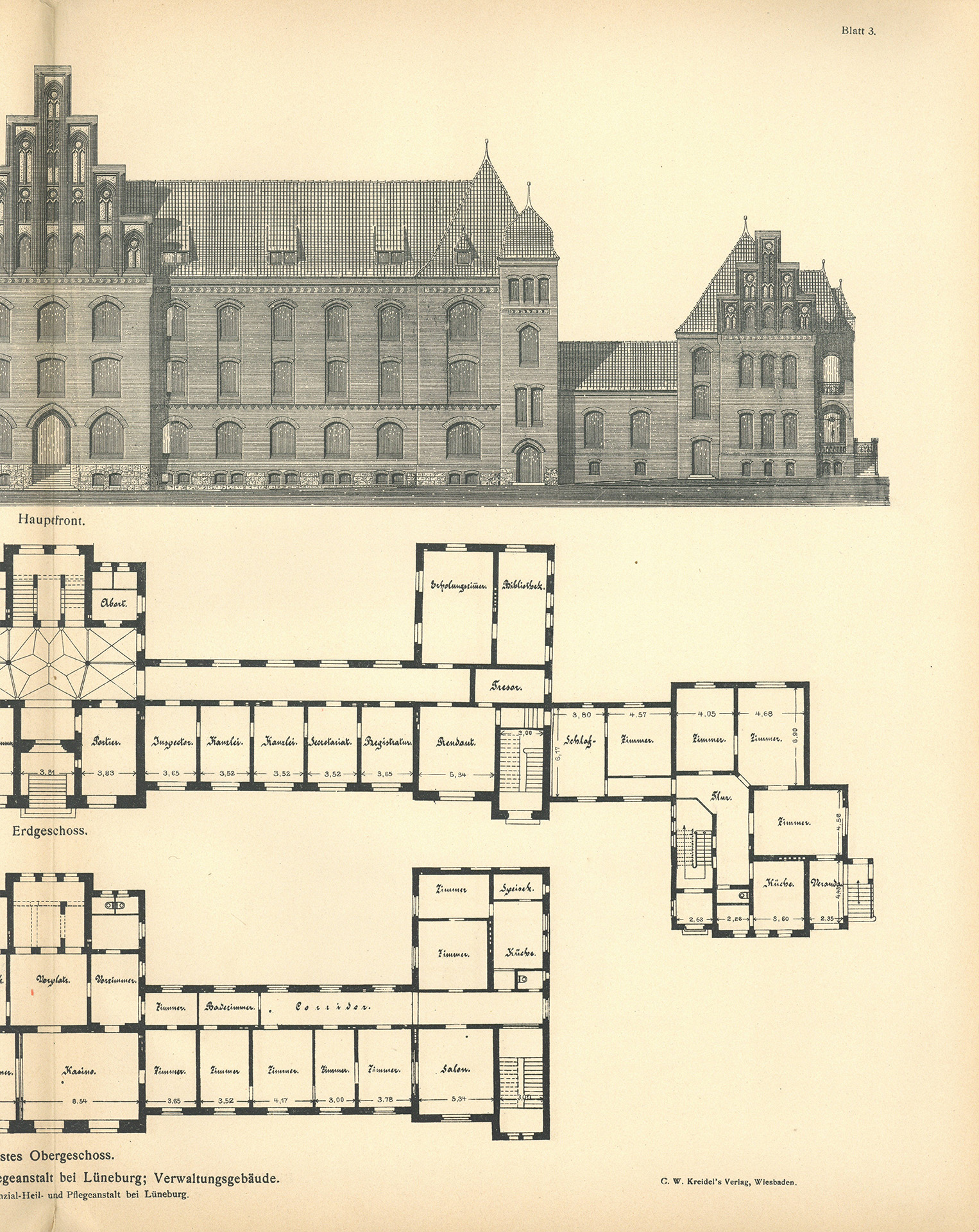 Der Sonder-Abdruck der Zeitschrift für Architektur und Ingenieurswesen von 1901 und 1902 ist ein fester, mit dem Titel bedruckter Einband mit einem Sondermaß größer als DIN A4. Die Zeitschrift umfasst 51 Seiten. Jede Seite enthält zwei Spalten, Grundrisse, Planzeichnungen und fotografische Abbildungen von Krankenpavillons und Funktionsgebäuden der Heil- und Pflegeanstalt Lüneburg. Auch Detailzeichnungen zu Mustern, Formen und einzelnen Ausstattungen, z.B. Fenster, Türen, Treppengeländer sind enthalten. Alle Gebäude und Ausstattungen werden präzise beschrieben.