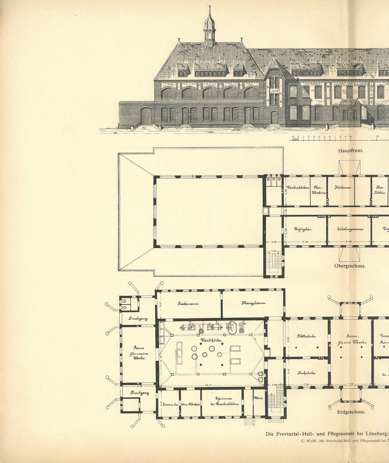 Der Sonder-Abdruck der Zeitschrift für Architektur und Ingenieurswesen von 1901 und 1902 ist ein fester, mit dem Titel bedruckter Einband mit einem Sondermaß größer als DIN A4. Die Zeitschrift umfasst 51 Seiten. Jede Seite enthält zwei Spalten, Grundrisse, Planzeichnungen und fotografische Abbildungen von Krankenpavillons und Funktionsgebäuden der Heil- und Pflegeanstalt Lüneburg. Auch Detailzeichnungen zu Mustern, Formen und einzelnen Ausstattungen, z.B. Fenster, Türen, Treppengeländer sind enthalten. Alle Gebäude und Ausstattungen werden präzise beschrieben.