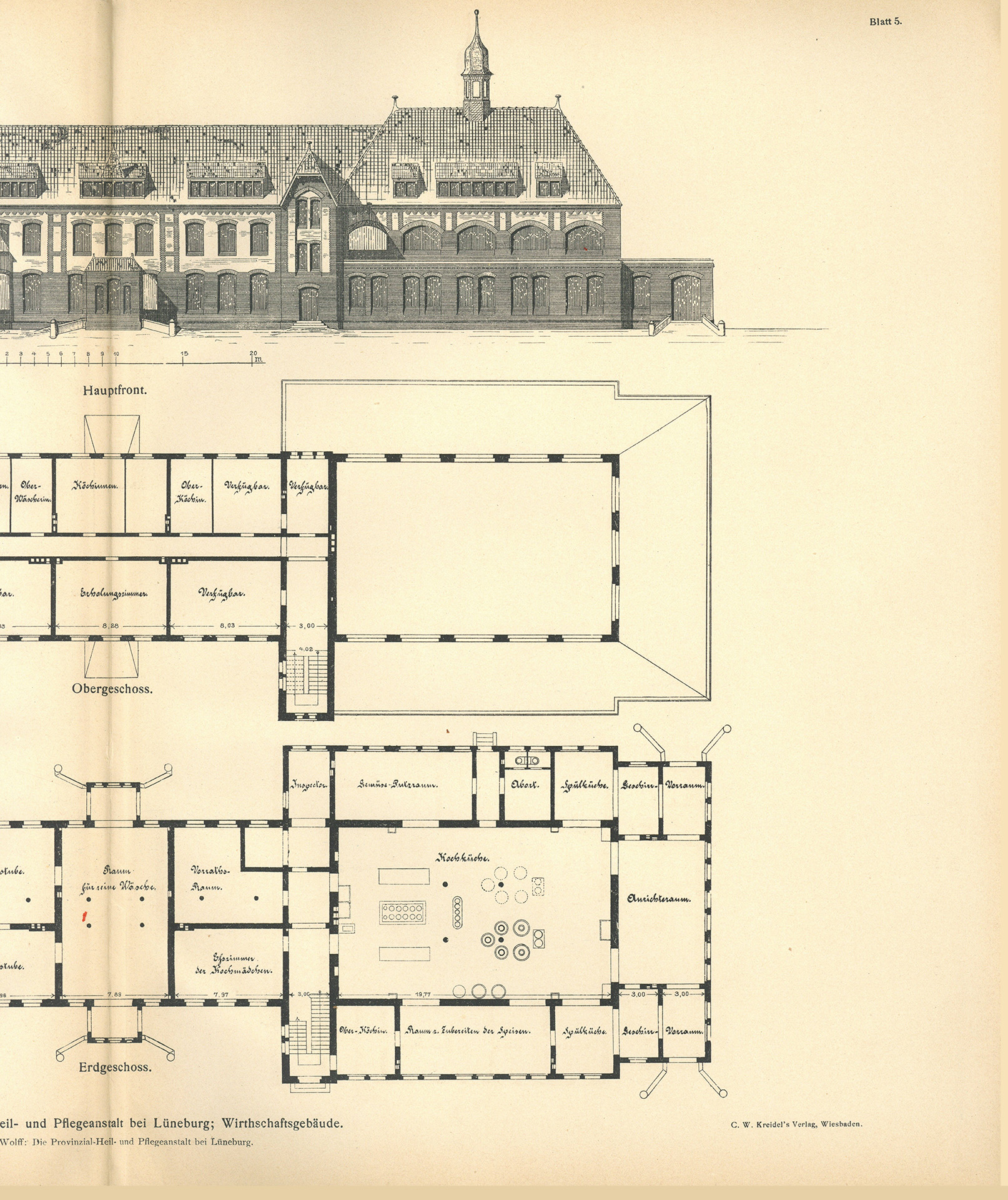 Der Sonder-Abdruck der Zeitschrift für Architektur und Ingenieurswesen von 1901 und 1902 ist ein fester, mit dem Titel bedruckter Einband mit einem Sondermaß größer als DIN A4. Die Zeitschrift umfasst 51 Seiten. Jede Seite enthält zwei Spalten, Grundrisse, Planzeichnungen und fotografische Abbildungen von Krankenpavillons und Funktionsgebäuden der Heil- und Pflegeanstalt Lüneburg. Auch Detailzeichnungen zu Mustern, Formen und einzelnen Ausstattungen, z.B. Fenster, Türen, Treppengeländer sind enthalten. Alle Gebäude und Ausstattungen werden präzise beschrieben.