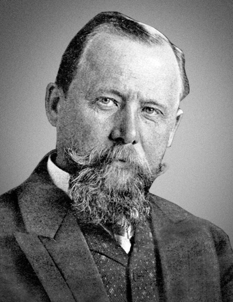 Es ist ein schwarz-weißes Fotoportrait des mittelalten Alfred Hoche. Er trägt zurückgekämmte Haare, einen gewellten Bart und blickt in die Kamera. Unter einem Jackett aus grobem Stoff ist eine Weste mit kleinem Muster sowie ein helles Hemd erkennbar. Der Kopf ist leicht nach rechts geneigt, der Blick ist ruhig und freundlich.