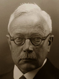 Es ist ein schwarz-weißes Fotoporträt von Erwin Baur. Er hat eine hohe Stirn und weißes, kurzes Haar. Er trägt eine Hornbrille und einen Schnauzbart. Sein weißes Hemd ist hochgeschlossen zugeknöpft und er trägt eine dunkle Krawatte. Er schaut ernst in die Kamera.