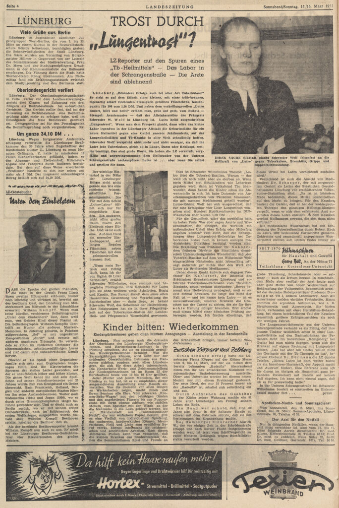 Es ist ein vierspaltiger Zeitungsartikel, der fast eine ganze Zeitungsseite Raum nimmt. Zwei schwarz-weiße Fotos sind mitabgedruckt. Das größere Bild ist ein Porträt von Wilhelmine Wolff. Sie trägt ihre Haare streng nach hinten gebunden und hat einen gesenkten Blick. Auf dem zweiten kleineren Bild ist Wilhelmine Wolff vor einem Haus zu sehen, wie sie an einer Tür ihr Heilmittel anbietet.