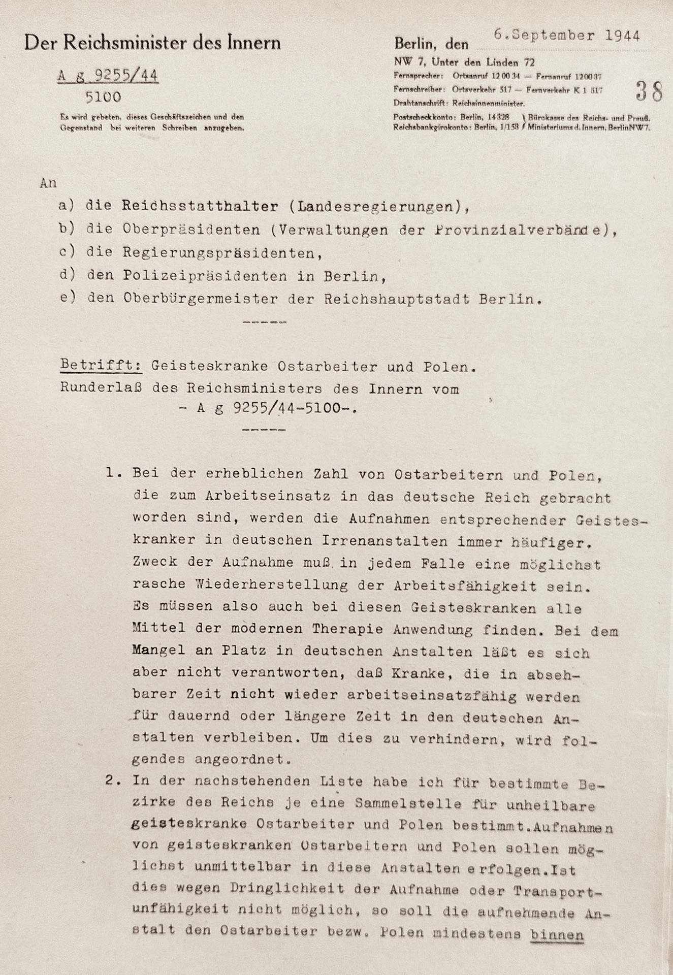Es ist eine vergilbte Seite Papier. Sie trägt den Briefkopf des Reichsministers des Innern. Der Text ist mit einer Schreibmaschine getippt. Es gibt keine Notizen und Unterstreichungen.