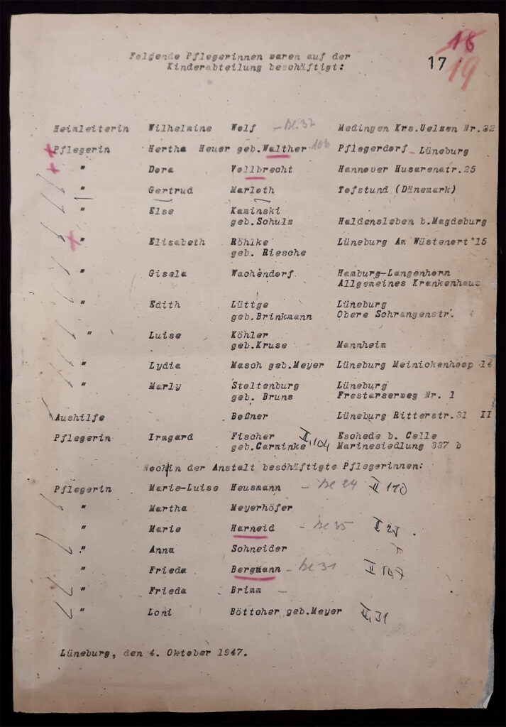Das ist ein vergilbtes Aktenblatt. Mit Schreibmaschine wurde darauf eine Liste verfasst. Die Liste ist überschrieben mit: »Folgende Pflegerinnen waren auf der Kinderstation beschäftigt.« Auf dem Dokument ist das Datum 4. Oktober 1947 geschrieben. Von den Pflegerinnen wurde ihre Position sowie der Name und ihr Wohnort dokumentiert. Heimleiterin war Wilhelmine Wolf. Unter ihr finden sich Angaben zu zwölf weiteren Pflegerinnen. Als »Noch in der Anstalt beschäftigte Pflegerinnen« sind sieben Pflegerinnen aufgeführt.