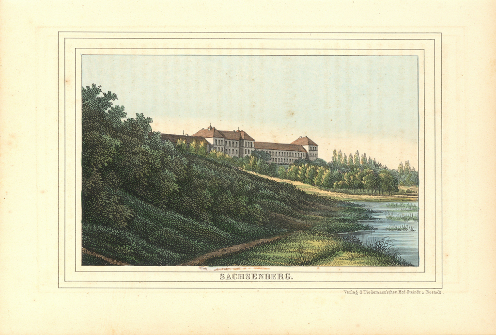 It is a coloured drawing. The large, light-coloured building can be seen elevated on the sloping bank of a body of water. It is white with three storeys and a red roof. The main portal and a tract at one end of the building have one more storey.