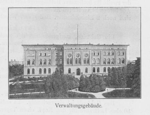 Es ist eine schwarz-weiße Zeichnung. Das Gebäude ist vierstöckig und erhebt sich hinter einer parkähnlichen Anlage. Es hat halbrunde Sprossenfenster mit kunstvollen runden Ornamenten in der Fassade.