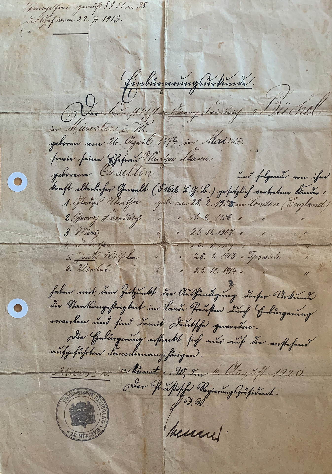 Die Einbürgerungsurkunde ist vergilbt und sieht sehr viel genutzt aus. Sie ist mindestens dreimal gefaltet gewesen und weist viele Knicke und kleinere Risse auf. Sie ist handschriftlich ausgestellt. Sie trägt neben der Unterschrift ein schwarzes Siegel der Preußischen Regierung zu Münster.