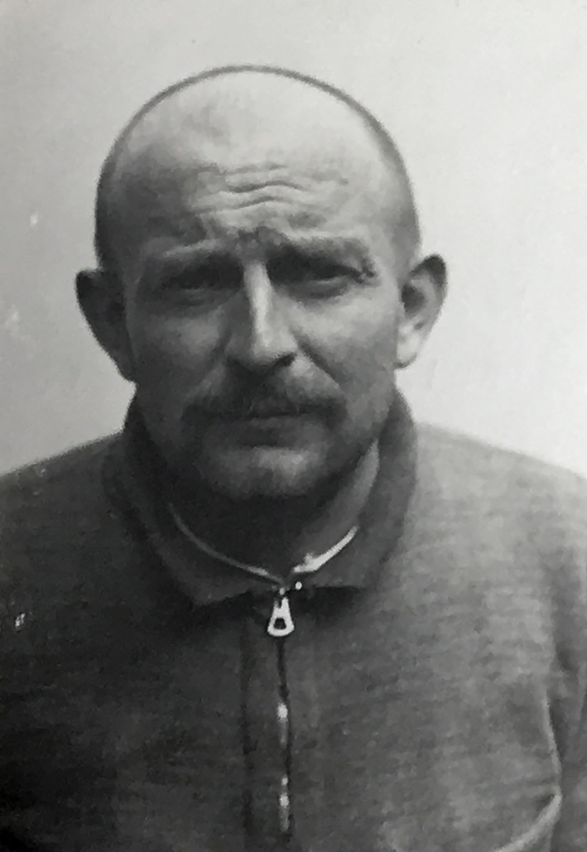 Jest to czarno-białe zdjęcie portretowe Heinricha Schwambergera. Ma on na sobie sweter z guzikami i kołnierzykiem. Ma szerokie wąsy i patrzy poważnie w obiektyw aparatu. Ma wysokie czoło.