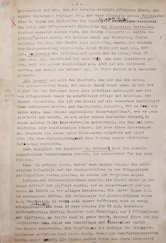 Das Dokument ist vergilbt. Es ist eng mit Schreibmaschine geschrieben. Einige Begriffe sind handschriftlich ergänzt. Namen und der Begriff »besondere Verwendung« sind handschriftlich rot unterstrichen.