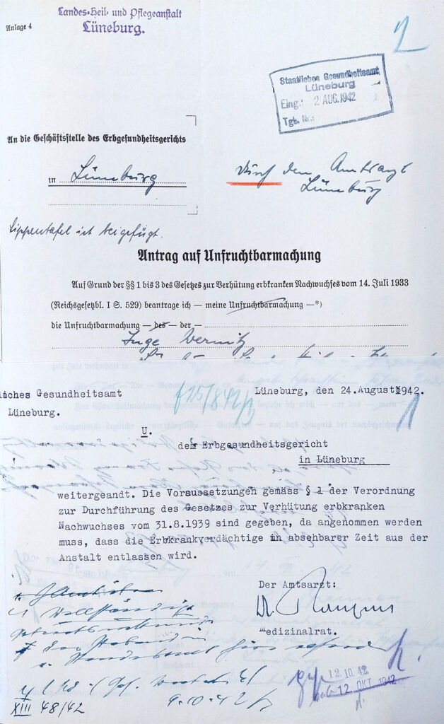 Die Angaben zur Person auf dem Vordruck sind handschriftlich ausgefüllt. Die Begründung des Antrags ist mit der Schreibmaschine verfasst.