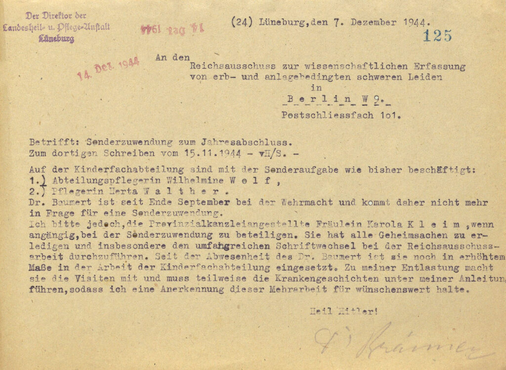 Der Brief ist vergilbt. Er ist mit Schreibmaschine geschrieben. Er ist eine halbe Seite groß. Es ist das Briefpapier der Heil- und Pflegeanstalt Lüneburg. Der Brief ist handschriftlich unterzeichnet.