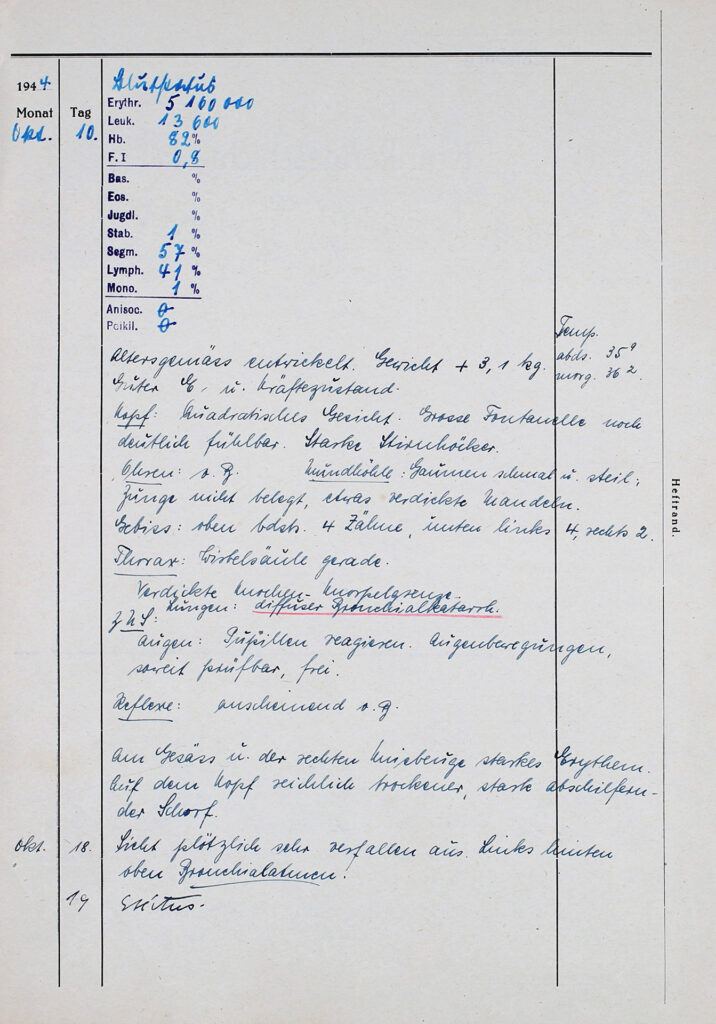 Der Krankenakte ist handschriftlich ausgefüllt. Es umfasst en Zeitraum vom 10.-bis zum 19. Oktober 1944.
