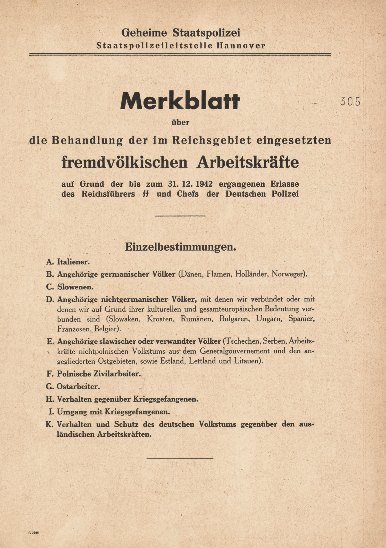 Das Merkblatt ist vergilbt. Es ist mit der Schreibmaschine geschrieben. Die verschiedenen Gruppen ausländischer Arbeitskräfte werden in erster Linie gemäß ihrer angeblichen ethnischen Zugehörigkeit sortiert aufgezählt.