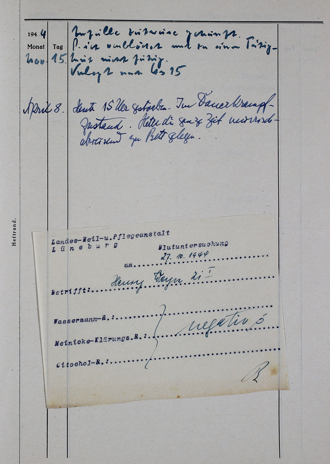 Das gedruckte Heft ist handschriftlich ausgefüllt. Die Einträge sind mit Füller geschrieben.