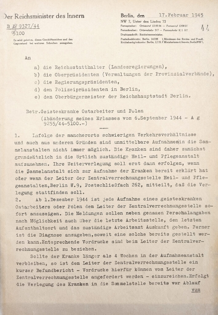 Der Erlass ist auf dem Briefpapier des Reichsministers des Innern geschrieben. Das Papier ist vergilbt. Der Erlass ist mit der Schreibmaschine geschrieben.