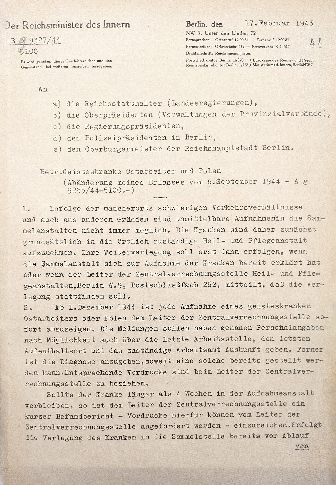 Der Erlass ist auf dem Briefpapier des Reichsministers des Innern geschrieben. Das Papier ist vergilbt. Der Erlass ist mit der Schreibmaschine geschrieben.