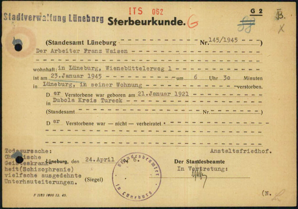 Die Urkunde ist auf gelbes Papier gedruckt. Sie ist mit der Schreibmaschine ausgefüllt und unterschrieben.