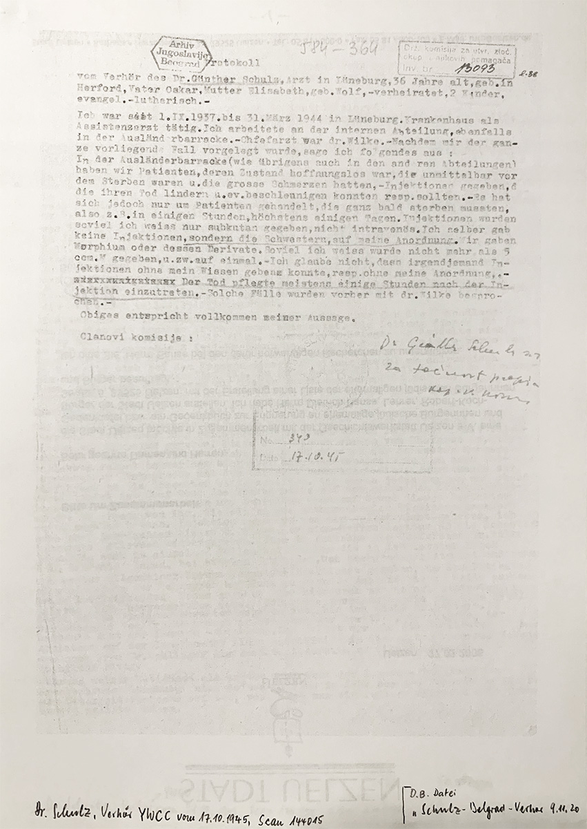 Es ist ein leicht vergilbtes, gelochtes Papier. Es ist eng mit Schreibmaschine beschrieben. Die ebenfalls beschriebene Rückseite scheint durch. Unter dem Text ist eine handschriftliche Notiz. Stempel der Archivierung sind sichtbar.