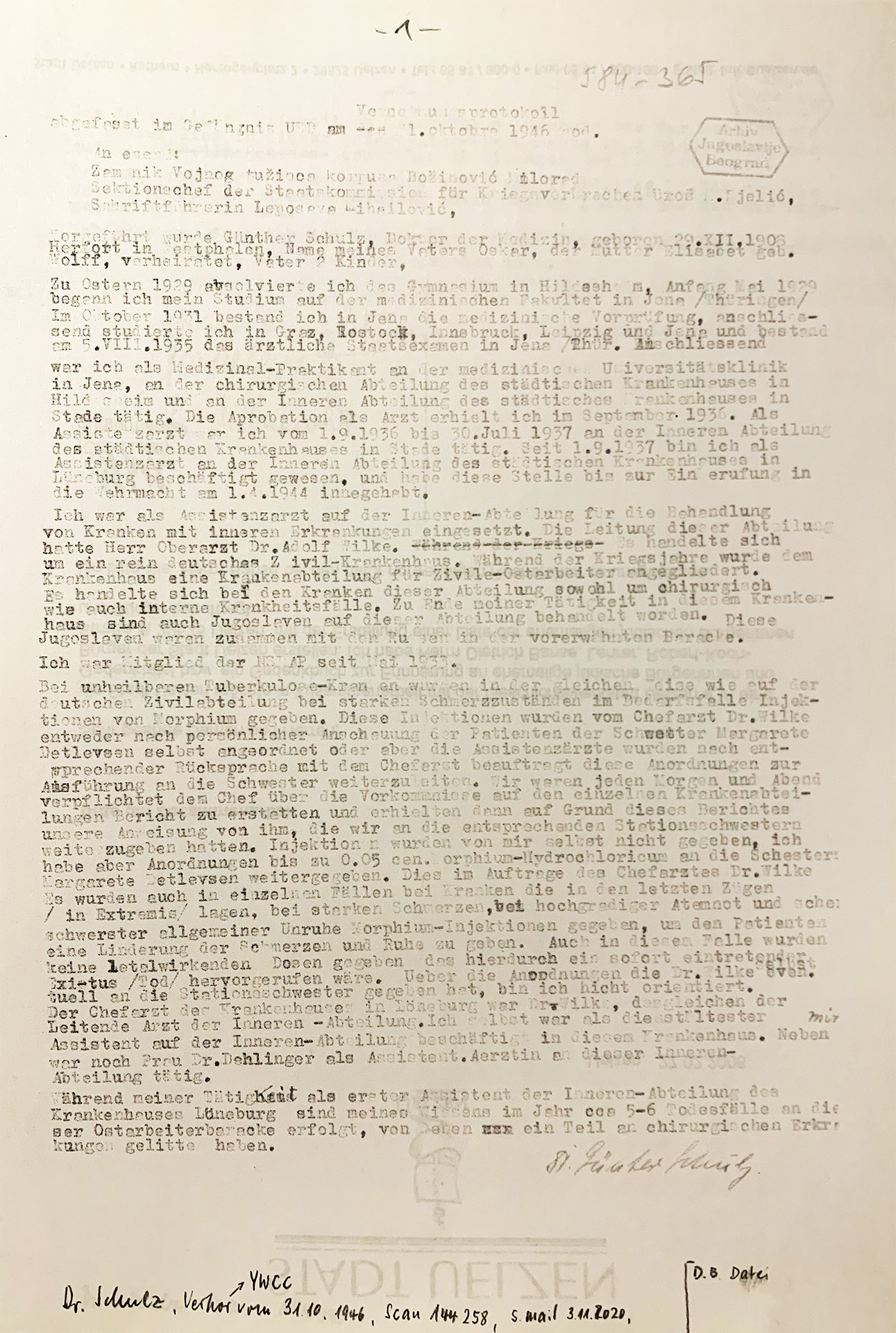 Die Mitschrift ist zwei Seiten lang. Sie ist mit der Schreibmaschine verfasst. Die Seiten sind aneinander geheftet.