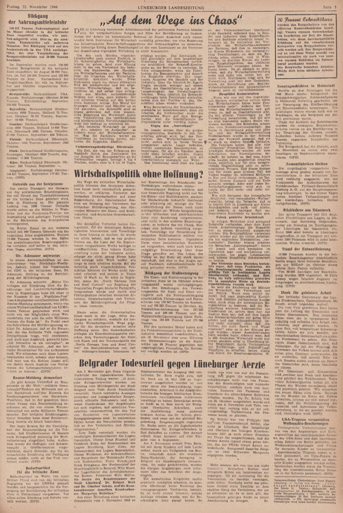 Es ist eine sehr vergilbte Seite. Die Seite ist eng bedruckt ohne Fotos. Mittig unten findet sich der Artikel unter der Überschrift »Belgrader Todesurteil gegen Lüneburger Ärzte«.
