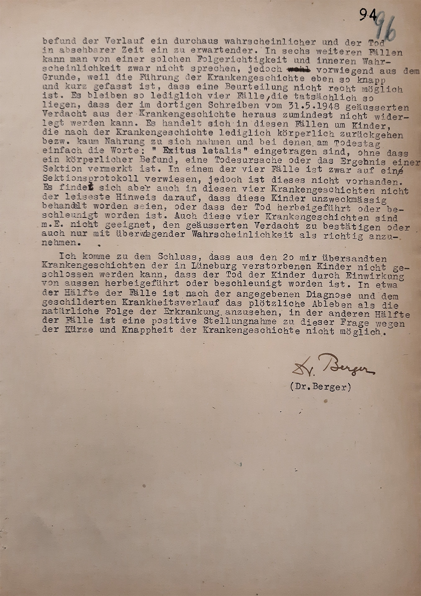 Der Auszug ist mit der Schreibmaschine verfasst und handschriftlich unterschrieben. Das Papier ist vergilbt. Es ist von Dr. Berger handschriftlich unterzeichnet.