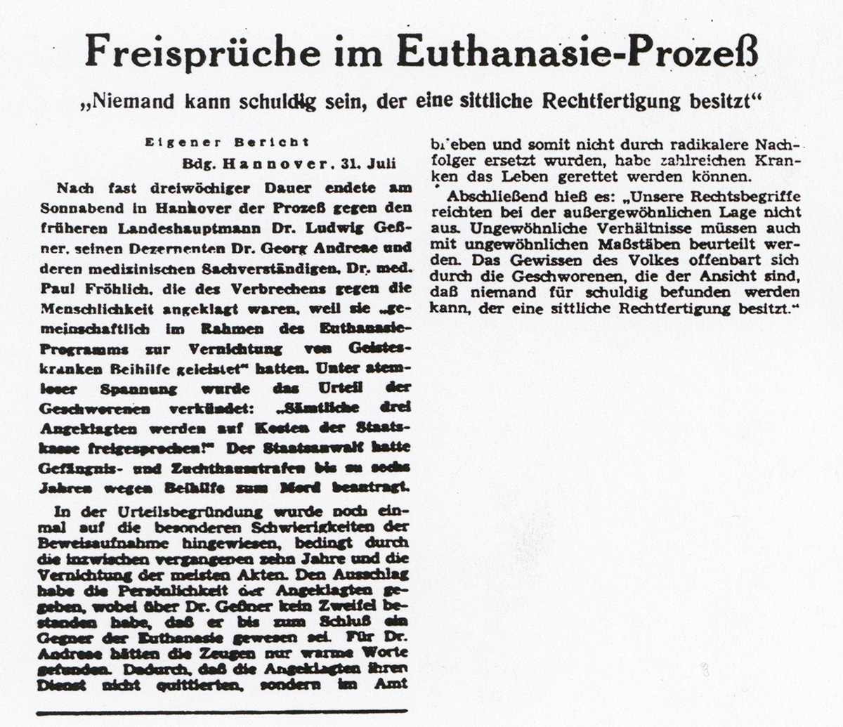 Es ist ein Ausschnitt einer Zeitung. Das Papier ist leicht vergilbt. Einige Flecken sind erkennbar. Der Artikel ist zweispaltig geschrieben.