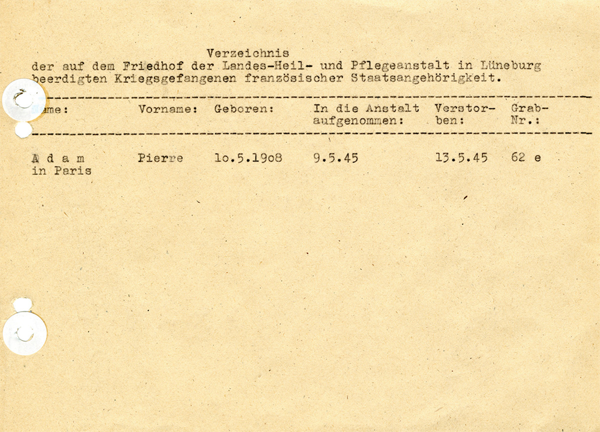 Das Verzeichnis ist mit der Schreibmaschine verfasst. Das Papier ist sehr vergilbt. Von Pierre Adam ist das Geburts-, Aufnahme- und Sterbedatum und die Grabnummer notiert.