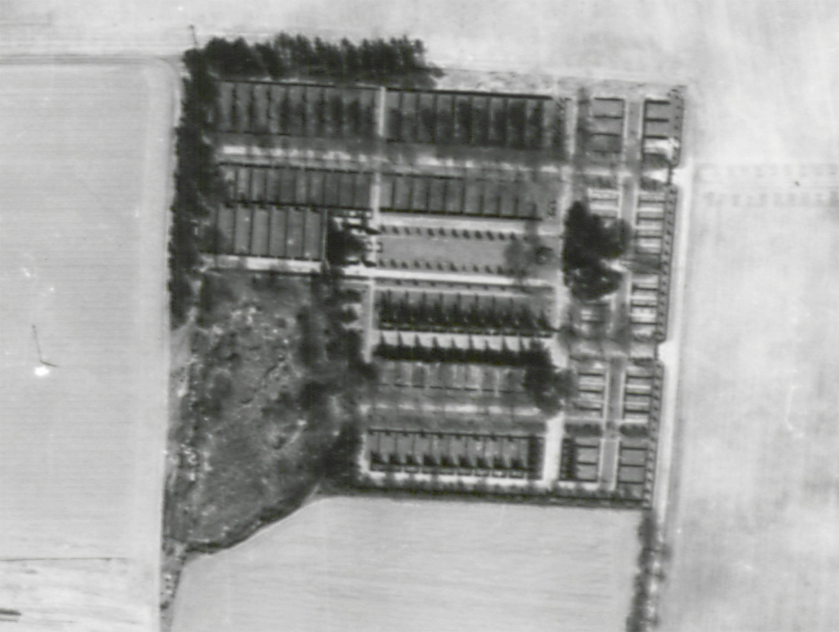 Es ist ein schwarzweißes Foto vom Anstaltsfriedhof. Die Aufnahme wurde aus der Luft fotografiert. Der Friedhof ist nahezu quadratisch angelegt. Er untergiedert sich in verschiedene Gräberfelder. Es gibt Felder mit größeren Gräbern und Felder mit kleineren Gräbern. In der linken untern Ecke des Friedhofes ist eine Kiesgrube erkennbar. In der Mitte des Friedhofes fehlt ein Gräberfeld. Dort ist eine Baumallee erkennbar.