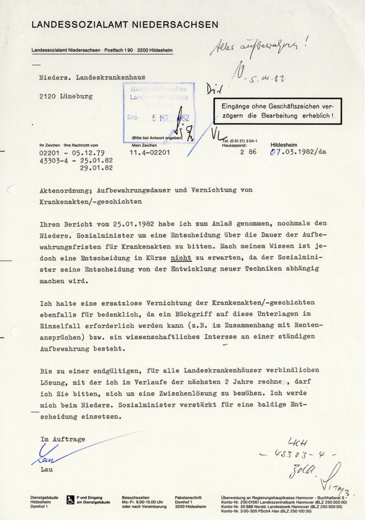 Der Brief trägt den Briefkopf des Landessozialamtes Niedersachsen. Er ist mit der Schreibmaschine verfasst. Handschriftlich sind Angaben zur Archivierung vorgenommen.