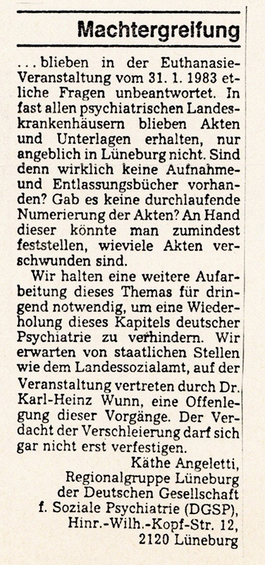 Der Leserbrief ist einspaltig und zwei Absätze lang.