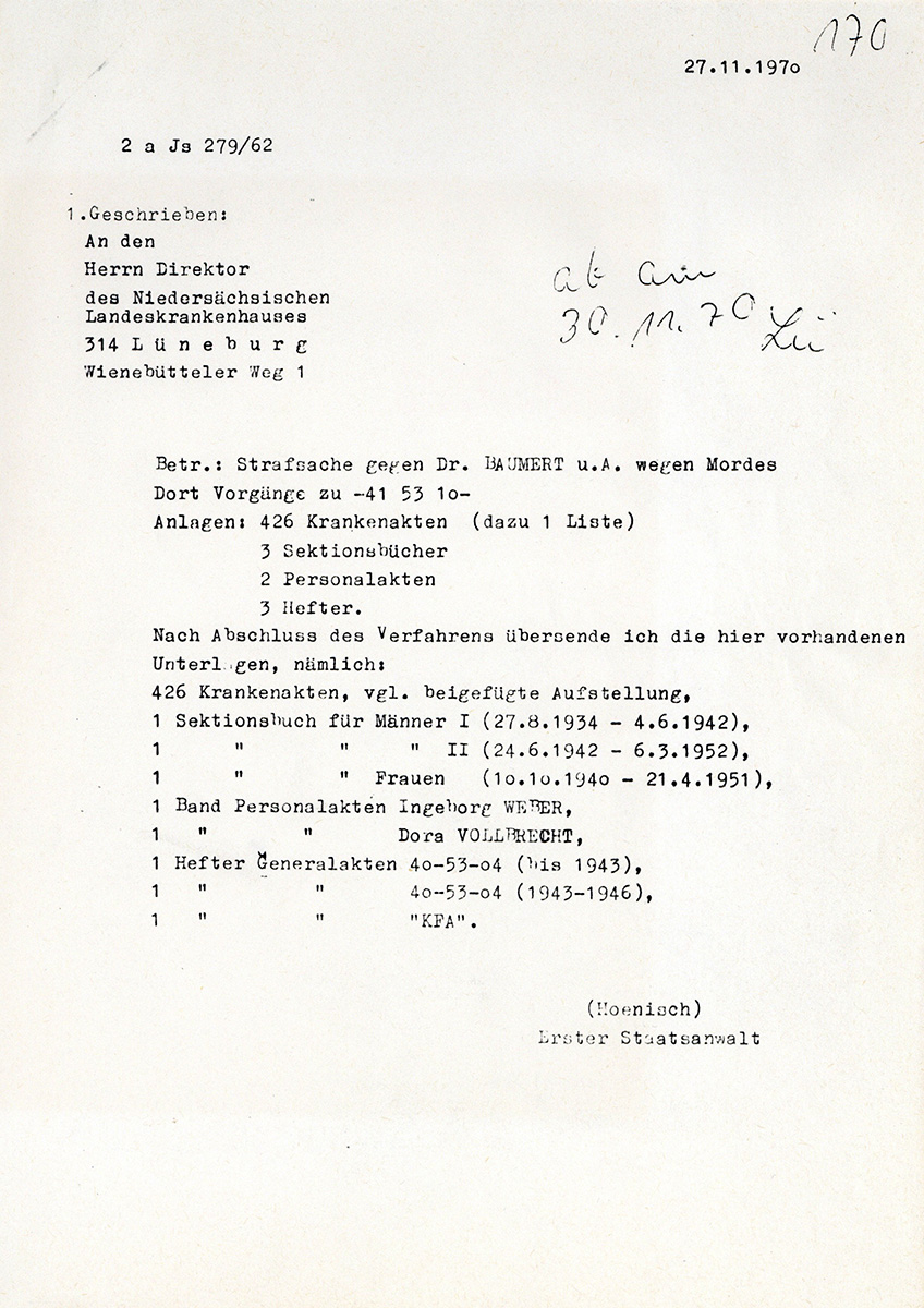 Der Brief ist leicht vergilbt. Er ist mit der Schreibmaschine verfasst. Im Brief wird die Art und Anzahl der übersendeten Akten aufgeführt.