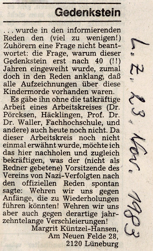 Der Leserbrief ist einspaltig. Neben dem Ausschnitt ist handschriftlich die Quelle eingetragen.