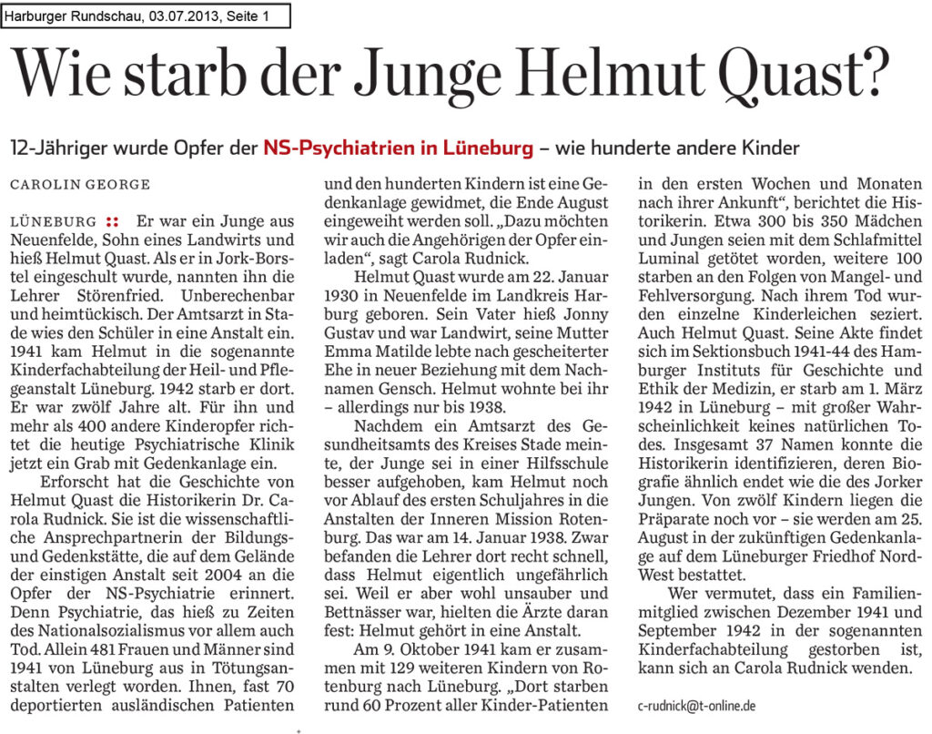 Es ist ein Zeitungsartikel mit drei Spalten. Er trägt den Titel »Wie starb der Junge Helmut Quast?« Es gibt keine Fotos.