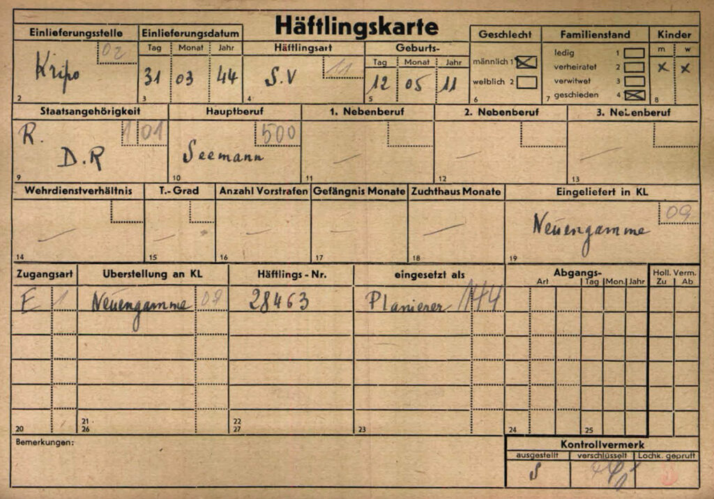 Es ist eine gelbliche Karteikarte. Handschrifltich sind die vorgedruckten Formularfelder ausgefüllt.